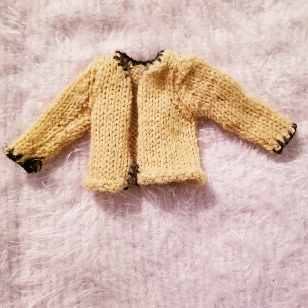 70s Yellow with Brown Trim Barbie Doll Cardigan Sweater Vintage Homemade Knitted